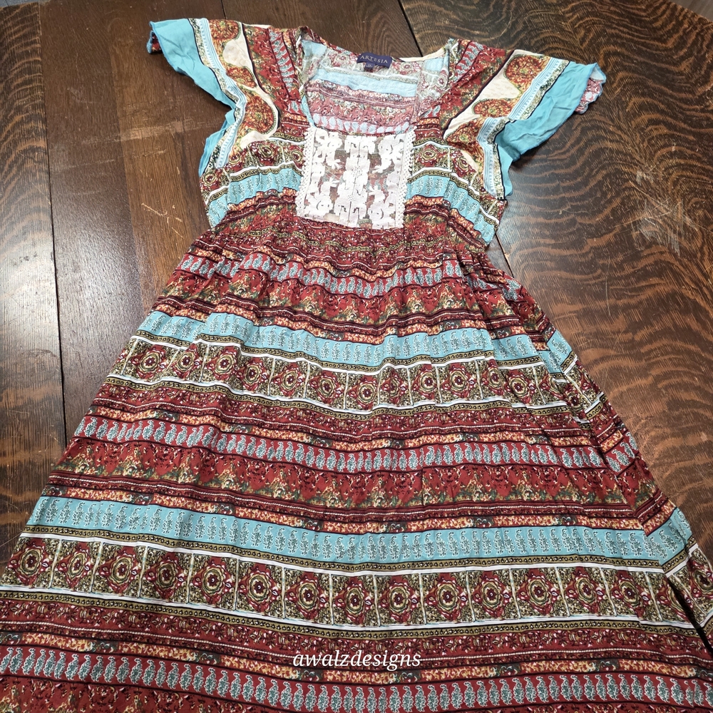 Artesia Boho Flowing Casual Comfortable Dress - Red‎ and Blue